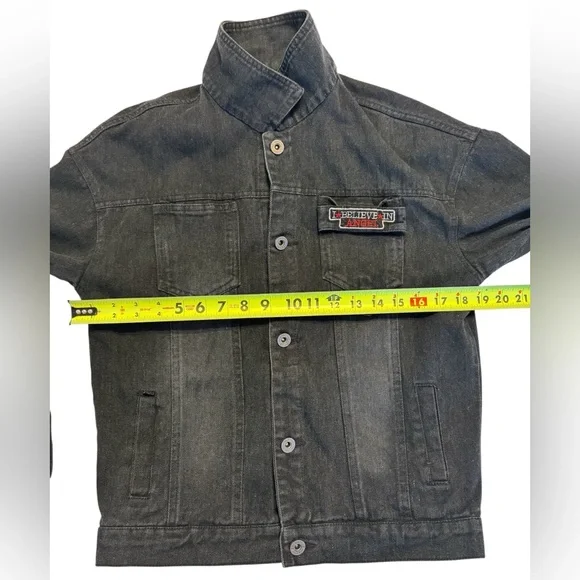 Graphic Black Denim Jacket Punk Streetwear moto Jean Jacket Angel Patch - Picture 12 of 16
